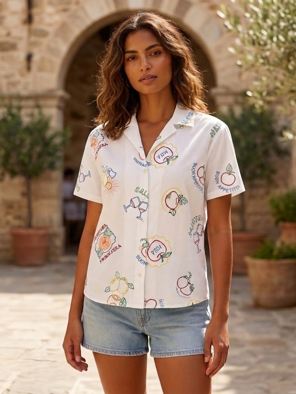 Jane + Delancey Italian Vacation Novelty Embroidered Button-Down Shirt XL White
